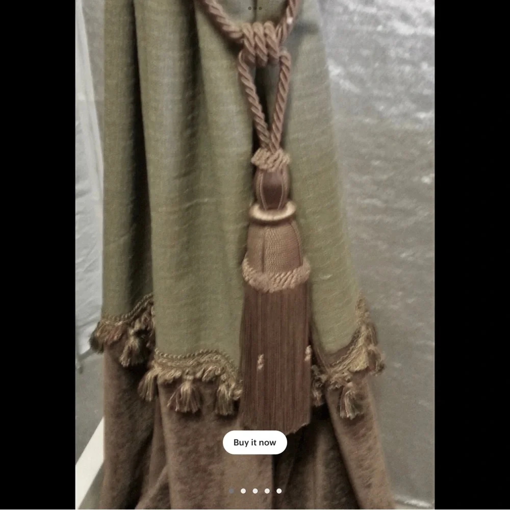Curtain panel. Two fabrics separated by a tassel fringe. Custom made. New